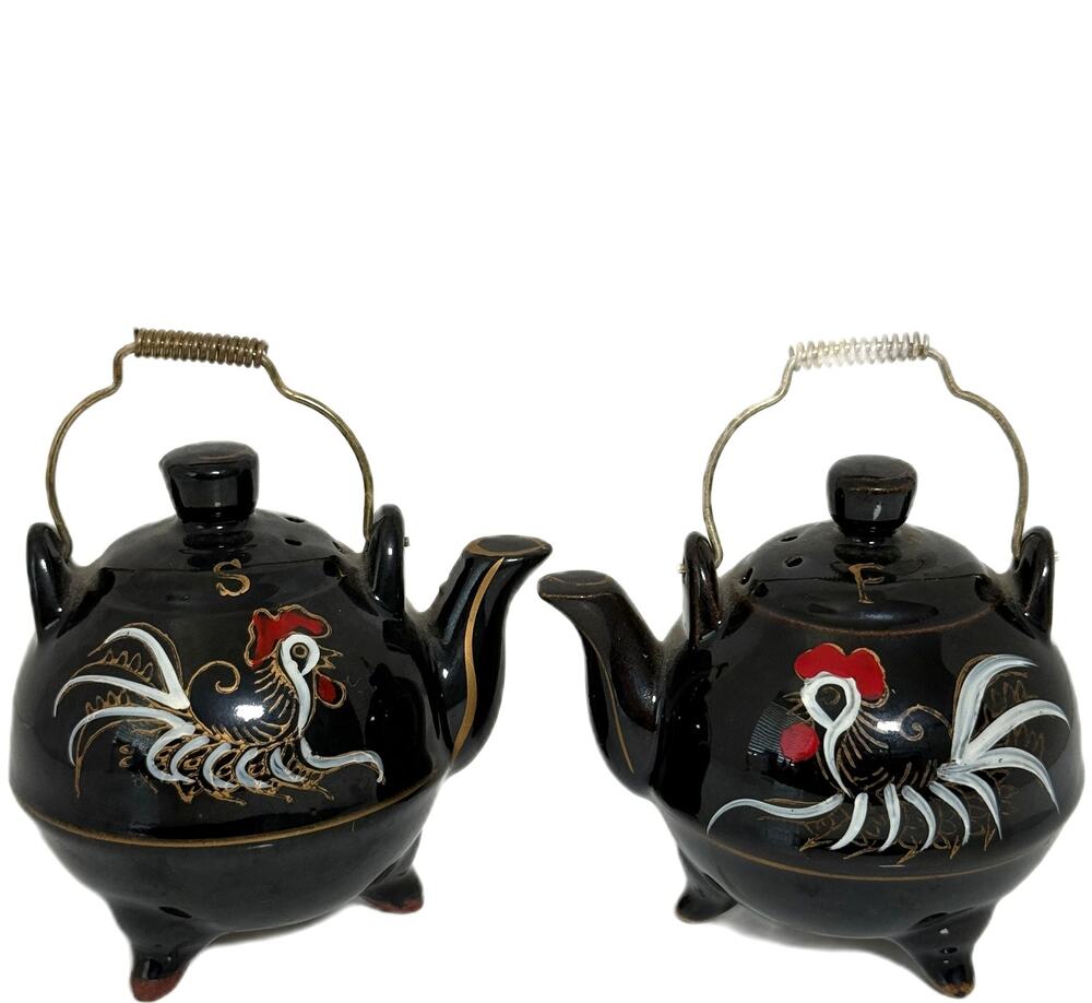 Vintage Redware Teapot Kettle Salt Pepper Shaker Set Roosters Hand Painted MCM